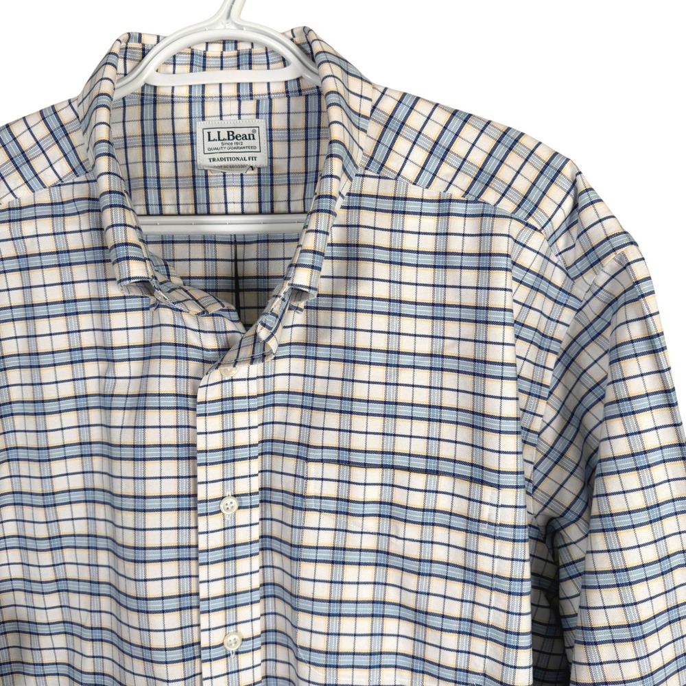 LL Bean Wrinkle-Free Oxford Shirt Mens 18-37 Blue Plaid Traditional Fit 237807